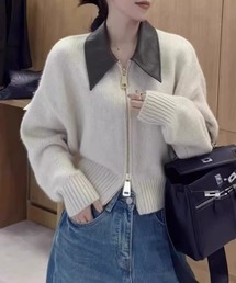 フェイクレザーカラー&ダブルジップ ニット ジャケット