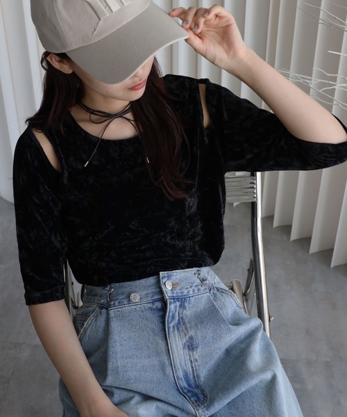 YENNA（イェンナ）の「クラッシュベロア肩あきTシャツ（Tシャツ/カットソー・レディース・ブラウン/ブラック系その他/ブラック/ブラウン系その他・FREE）」の6枚目の写真