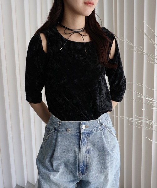 YENNA（イェンナ）の「クラッシュベロア肩あきTシャツ（Tシャツ/カットソー・レディース・ブラウン/ブラック系その他/ブラック/ブラウン系その他・FREE）」の10枚目の写真