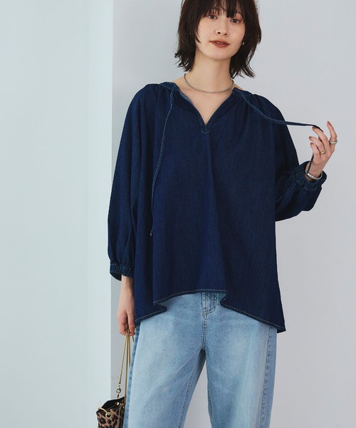 CROSS FUNCTION（クロスファンクション）の「《撥水》FRESH DENIM デニムカフタンボリュームスリーブブラウス【CROSS FUNCTION/クロスファンクション】（シャツ/ブラウス・レディース・ネイビー/サックスブルー・LL/L/M）」の13枚目の写真