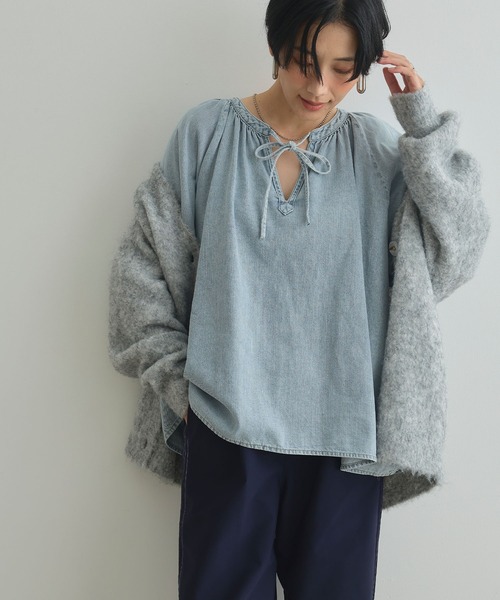 CROSS FUNCTION（クロスファンクション）の「《撥水》FRESH DENIM デニムカフタンボリュームスリーブブラウス【CROSS FUNCTION/クロスファンクション】（シャツ/ブラウス・レディース・ネイビー/サックスブルー・LL/L/M）」の9枚目の写真