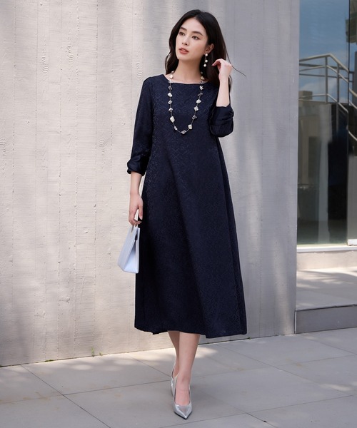 パーティードレス ワンピース 大きいサイズ 膝下丈 袖あり 七分袖 レース柄 フォーマルドレス 袖リボン レースワンピース リボン付き 裏地あり フェミニン レディース 結婚式 二次会 披露宴 春 夏 秋 冬