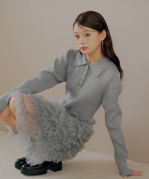 SALON by Chico】フリルティアード襟付きミニワンピース（ワンピース