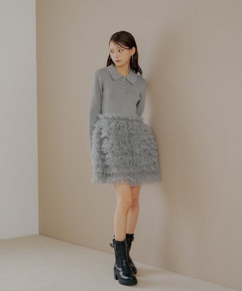 SALON by Chico】フリルティアード襟付きミニワンピース（ワンピース