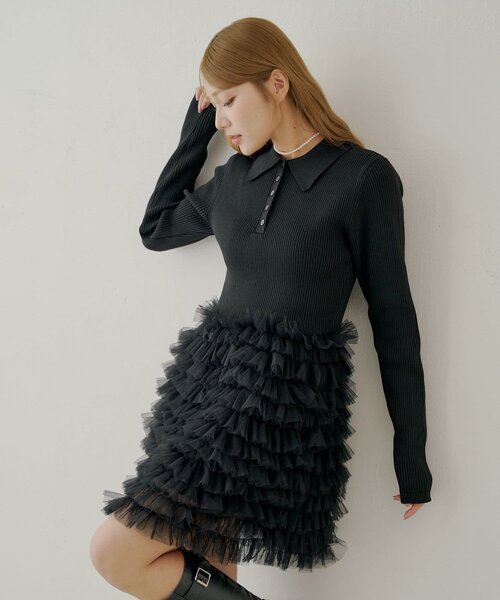 Chico フリル配色ドッキングワンピース　まよコラパーティードレス Chico フリル配色ドッキングワンピース まよコラパーティー