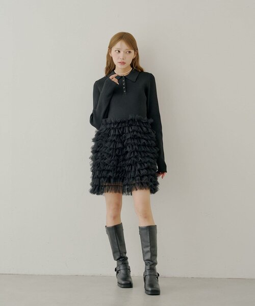 m♡ chico フリルティアード襟付きミニワンピース SALON by Chico】フリルティアード襟付きミニワンピース（ワンピース