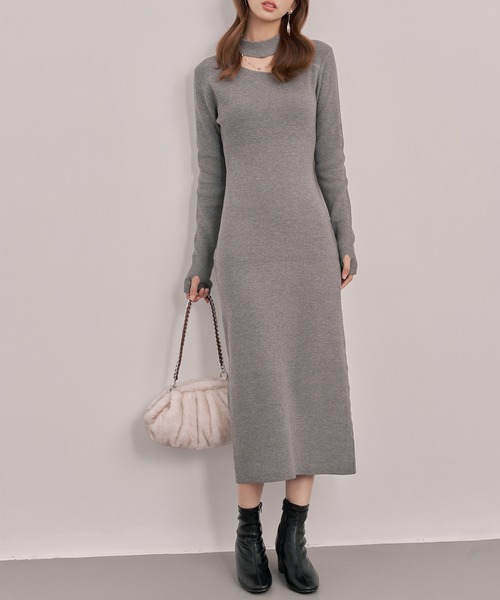 SAISON DE PAPILLON（セゾンドパピヨン）の「レディース チョーカーネックニットロングワンピース マキシ丈 きれいめ（ワンピース・レディース・ブラック/グレー/ベージュ・M/L）」の2枚目の写真