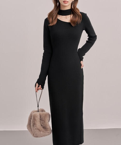 セール】チョーカーネックニットロングワンピース（ワンピース