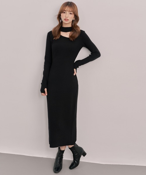 セール】チョーカーネックニットロングワンピース（ワンピース