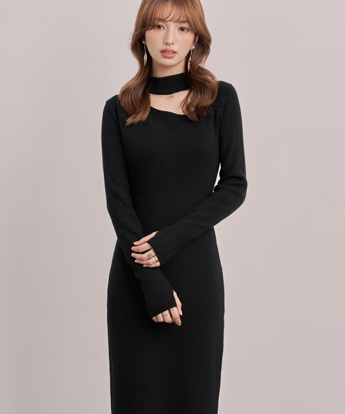 セール】チョーカーネックニットロングワンピース（ワンピース