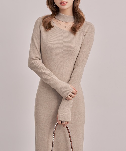 SAISON DE PAPILLON（セゾンドパピヨン）の「レディース チョーカーネックニットロングワンピース マキシ丈 きれいめ（ワンピース・レディース・ブラック/グレー/ベージュ・M/L）」の10枚目の写真