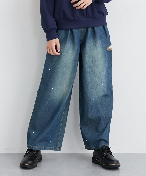 ラインストーン使いスリットデニムパンツ（デニムパンツ）｜QUNTSTYLE