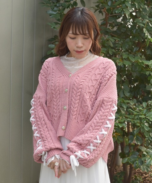 レースアップモールヤーンカーディガン（カーディガン/ボレロ）｜axes