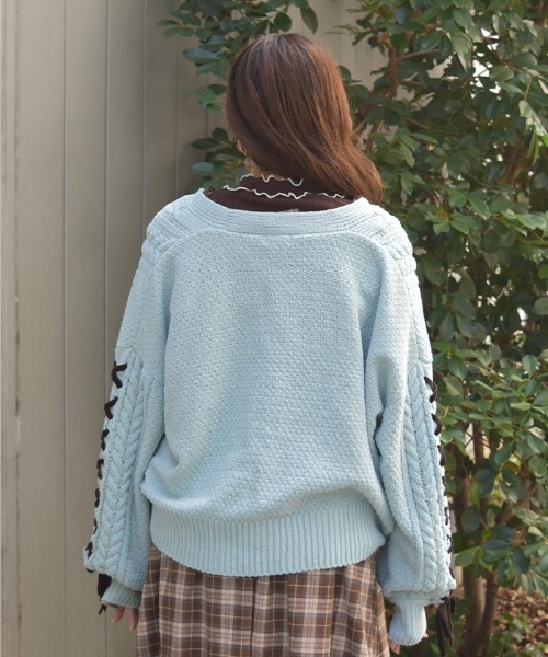 axes femme（アクシーズファム）の「レースアップモールヤーンカーディガン（カーディガン/ボレロ・レディース・ホワイト/ピンク/ミント/ベビーピンク・FREE）」の7枚目の写真