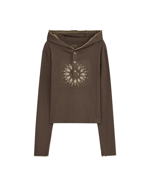 DEFGARMENTS（デフグラメンツ）の「WAFFLE HENLEY NECK HOODED [BROWN]（パーカー・レディース・その他・LARGE/SMALL）」の2枚目の写真
