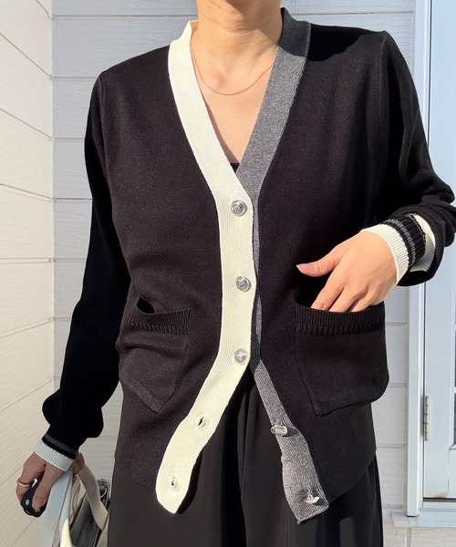 Q（キュー）の「バイカラーカーディガン（カーディガン/ボレロ・レディース・ブラック/ライトグレー・MEDIUM）」の2枚目の写真