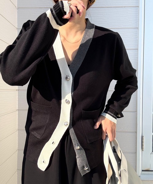Q（キュー）の「バイカラーカーディガン（カーディガン/ボレロ・レディース・ブラック/ライトグレー・MEDIUM）」の16枚目の写真