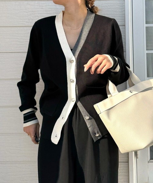 Q（キュー）の「バイカラーカーディガン（カーディガン/ボレロ・レディース・ブラック/ライトグレー・MEDIUM）」の19枚目の写真