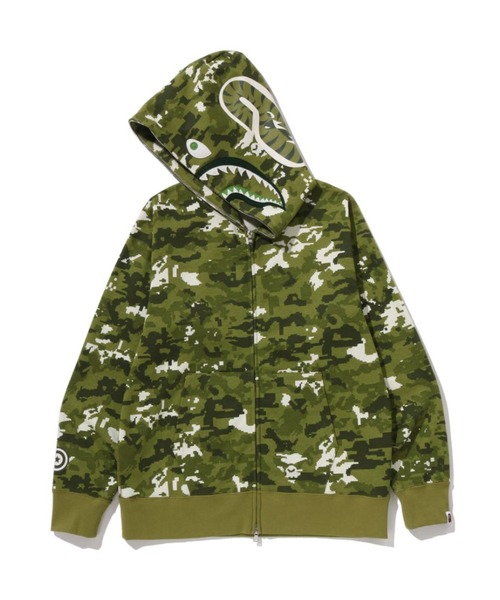 A BATHING APE（アベイシングエイプ）の「MULTI PIXEL CAMO SHARK REGULAR FIT FULL ZIP HOODIE（パーカー・メンズ・グリーン/ブラック・MEDIUM/X-LARGE/SMALL/XX-LARGE/LARGE）」の4枚目の写真