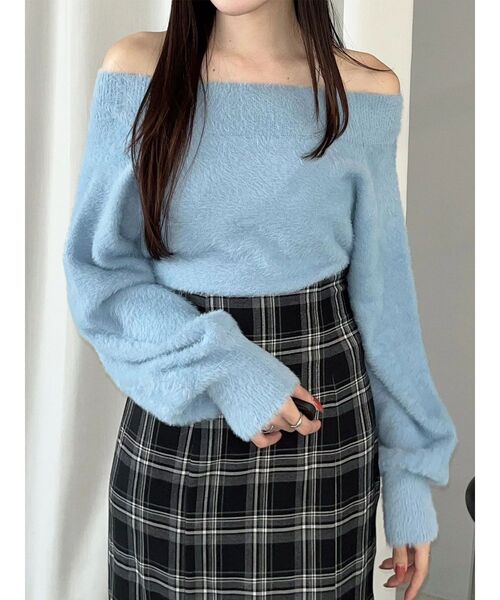 MERCURYDUO（マーキュリーデュオ）の「【追加生産】ミニシャギーオフショルニット（ニット/セーター・レディース・アイボリー/ベビーピンク/グレー/ブルー・FREE）」の3枚目の写真