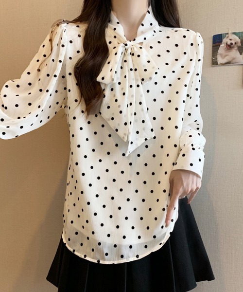 ONEP STAR(ワンピスター)の「ドット柄×リボンタイ付きブラウス(シャツ/ブラウス・レディース・ベージュ/ブラック・LARGE/XX-LARGE/X-LARGE)」の7枚目の写真