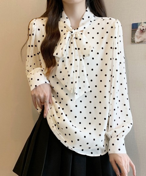ONEP STAR(ワンピスター)の「ドット柄×リボンタイ付きブラウス(シャツ/ブラウス・レディース・ベージュ/ブラック・LARGE/XX-LARGE/X-LARGE)」の8枚目の写真