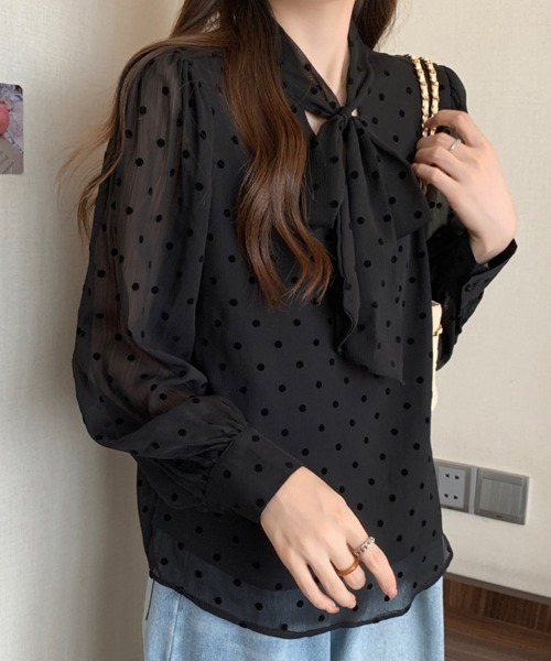 ONEP STAR(ワンピスター)の「ドット柄×リボンタイ付きブラウス(シャツ/ブラウス・レディース・ベージュ/ブラック・LARGE/XX-LARGE/X-LARGE)」の9枚目の写真