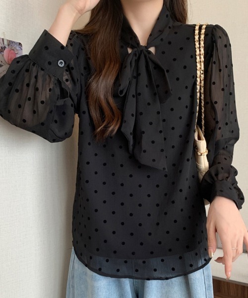 ONEP STAR(ワンピスター)の「ドット柄×リボンタイ付きブラウス(シャツ/ブラウス・レディース・ベージュ/ブラック・LARGE/XX-LARGE/X-LARGE)」の10枚目の写真