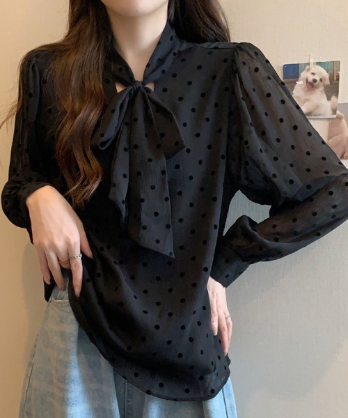 ONEP STAR(ワンピスター)の「ドット柄×リボンタイ付きブラウス(シャツ/ブラウス・レディース・ベージュ/ブラック・LARGE/XX-LARGE/X-LARGE)」の11枚目の写真