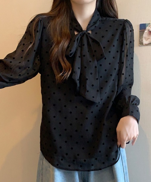 ONEP STAR(ワンピスター)の「ドット柄×リボンタイ付きブラウス(シャツ/ブラウス・レディース・ベージュ/ブラック・LARGE/XX-LARGE/X-LARGE)」の12枚目の写真