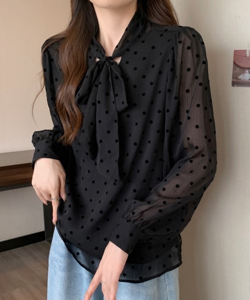 ONEP STAR(ワンピスター)の「ドット柄×リボンタイ付きブラウス(シャツ/ブラウス・レディース・ベージュ/ブラック・LARGE/XX-LARGE/X-LARGE)」の13枚目の写真