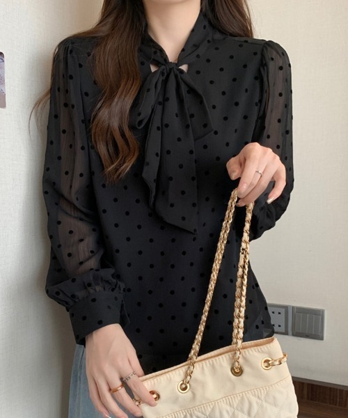 ONEP STAR(ワンピスター)の「ドット柄×リボンタイ付きブラウス(シャツ/ブラウス・レディース・ベージュ/ブラック・LARGE/XX-LARGE/X-LARGE)」の14枚目の写真