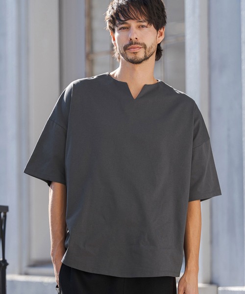 CAMBIO(カンビオ)の「mt10219- COOLMAX Key Neck Short Sleeve Tee キーネックTシャツ(2026GIM-007)(Tシャツ/カットソー・メンズ・ホワイト/ブラック/チャコール・S/M/L)」の4枚目の写真