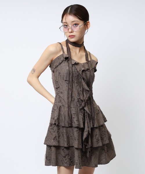 SPIRALGIRL（スパイラルガール）の「チョーカーティアードダメージワンピース（ワンピース・レディース・ブラック/オフホワイト/ブラウン・FREE）」の3枚目の写真