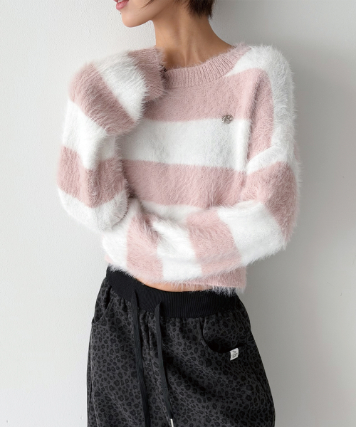 THE GREEN LAB（ザグリーンラボ）の「ヘアリーブロックストライプクロップニット[ピンク]（ニット/セーター・レディース・その他・FREE）」の4枚目の写真