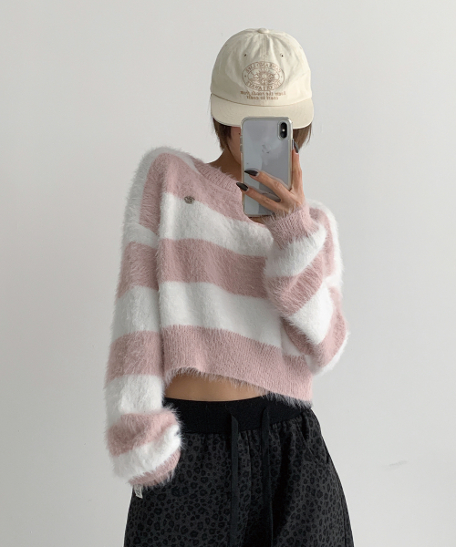 THE GREEN LAB（ザグリーンラボ）の「ヘアリーブロックストライプクロップニット[ピンク]（ニット/セーター・レディース・その他・FREE）」の5枚目の写真