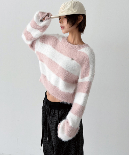 THE GREEN LAB（ザグリーンラボ）の「ヘアリーブロックストライプクロップニット[ピンク]（ニット/セーター・レディース・その他・FREE）」の8枚目の写真