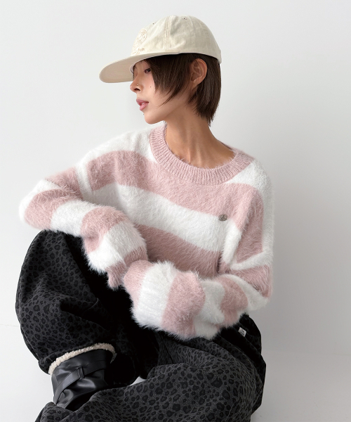 THE GREEN LAB（ザグリーンラボ）の「ヘアリーブロックストライプクロップニット[ピンク]（ニット/セーター・レディース・その他・FREE）」の10枚目の写真