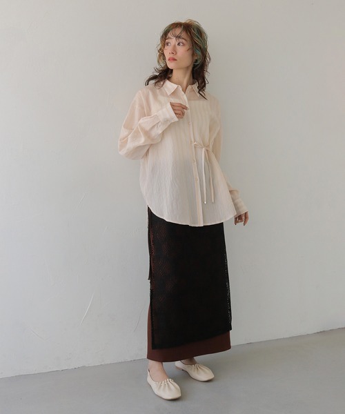 CLEIO（クレイオ）の「【CLEIO】STRIPE WAIST RIBBON SHIRT/ストライプウエストリボンシャツ（シャツ/ブラウス・レディース・チャコールグレー/アイボリー/サックスブルー・FREE）」の14枚目の写真