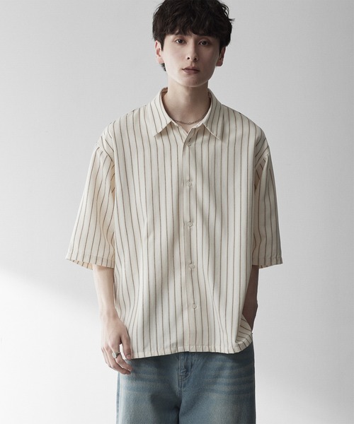 RUUBON（ルーボン）の「【RUUBON】airy half sleeve box shirt/エアリーハーフスリーブボックスシャツ（シャツ/ブラウス・メンズ・ブラック/ホワイト系1・S/M/L）」の13枚目の写真