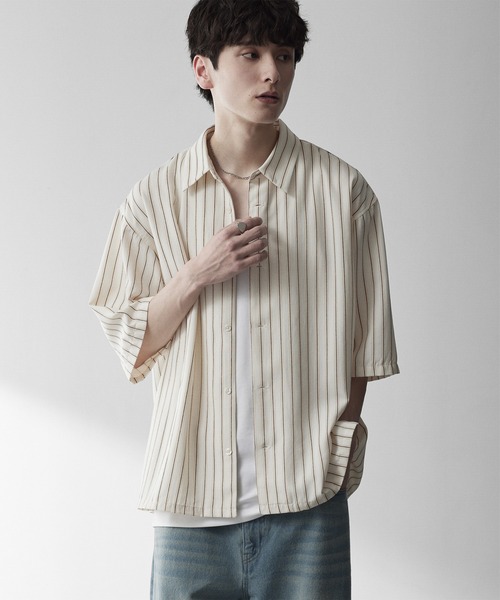 RUUBON（ルーボン）の「【RUUBON】airy half sleeve box shirt/エアリーハーフスリーブボックスシャツ（シャツ/ブラウス・メンズ・ブラック/ホワイト系1・S/M/L）」の14枚目の写真