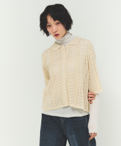 オープンワークニットシャツ / 透かし編み 軽量 レイヤードトップス