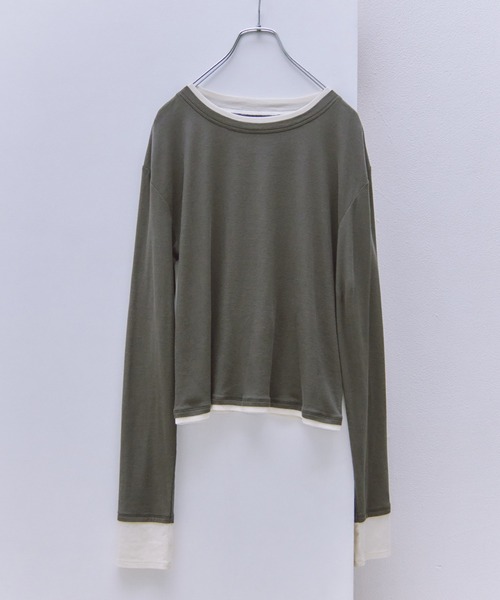 Obis&(オビスアンド)の「レイヤード風シアーカットソーロンT(Tシャツ/カットソー・レディース・オフホワイト/ブラウン/チャコール・FREE)」の3枚目の写真