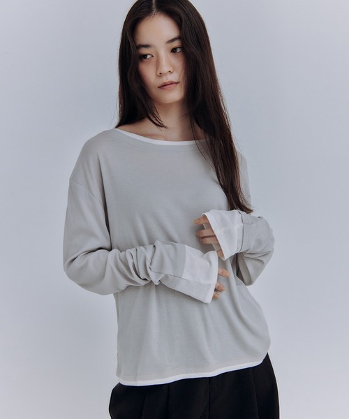 Obis&(オビスアンド)の「レイヤード風シアーカットソーロンT(Tシャツ/カットソー・レディース・オフホワイト/ブラウン/チャコール・FREE)」の14枚目の写真