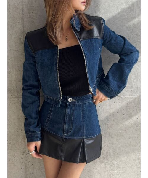 GYDA（ジェイダ）の「【TINY】フェイクレザードッキングデニムZIPショートジャケット（デニムジャケット・レディース・インディゴブルー/ライトブルー・FREE）」の13枚目の写真