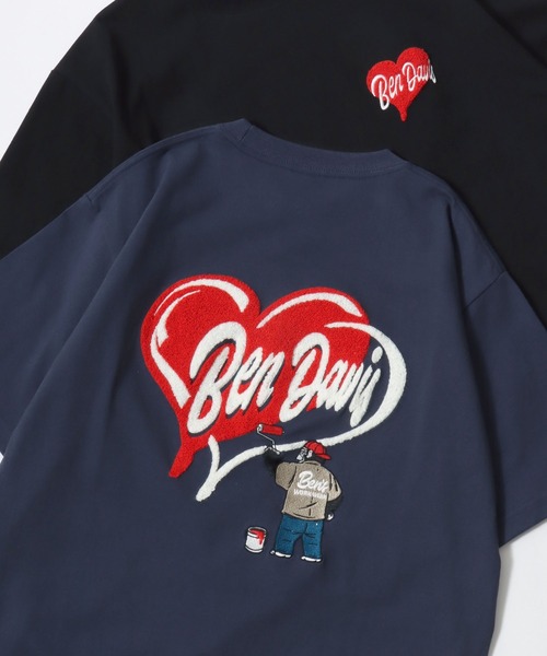 BEN DAVIS(ベンデイビス)の「BEN DAVIS/ベンデイビス HEART CHENILLE TEE/オーバーサイズ ストリート バックプリント ロゴ ワンポイント刺繍 半袖Tシャツ/レディース メンズ(Tシャツ/カットソー・メンズ・ホワイト/ネイビー/ブラック・M/L/XL)」の1枚目の写真