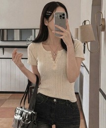 Teem Store | ハーフボタン ヘンリーネック リブ半袖カットソー ニットソー(Tシャツ/カットソー)