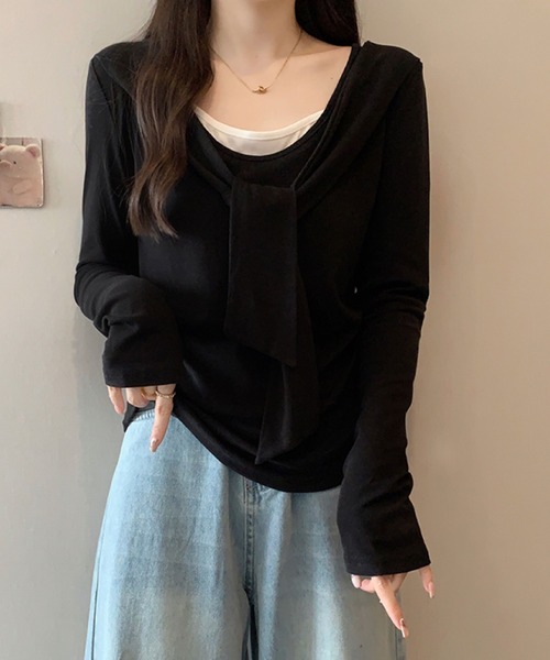 2ly2(トゥーリートゥー)の「フェイクレイヤード リボンデザイントップス(Tシャツ/カットソー・レディース・ボルドー/ブラウン/ネイビー/ブラック・FREE)」の5枚目の写真
