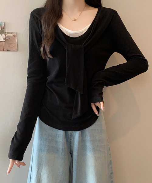 2ly2(トゥーリートゥー)の「フェイクレイヤード リボンデザイントップス(Tシャツ/カットソー・レディース・ボルドー/ブラウン/ネイビー/ブラック・FREE)」の6枚目の写真