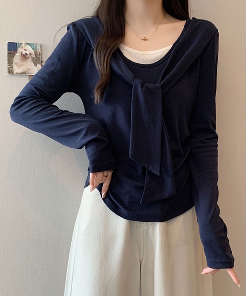 2ly2(トゥーリートゥー)の「フェイクレイヤード リボンデザイントップス(Tシャツ/カットソー・レディース・ボルドー/ブラウン/ネイビー/ブラック・FREE)」の9枚目の写真